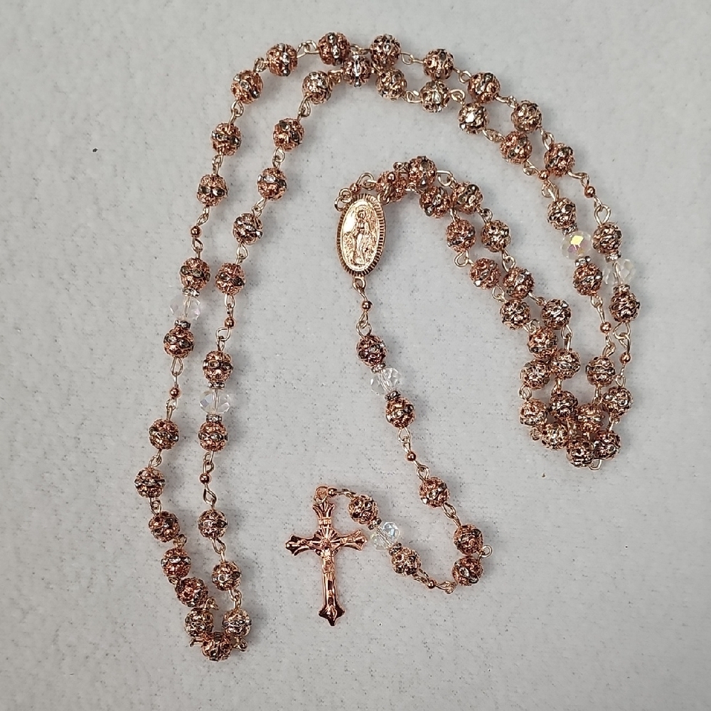 Rose Gold Rosary Necklace with Crystal Accent - Unbranded